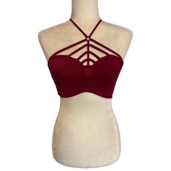Love Mar LF Solid Burgundy Wine Red Caged Bra Bralette Nylon Spandex - Picture 1 of 5